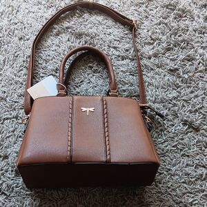Chestnut Brown Satchel with Dragonfly Accent